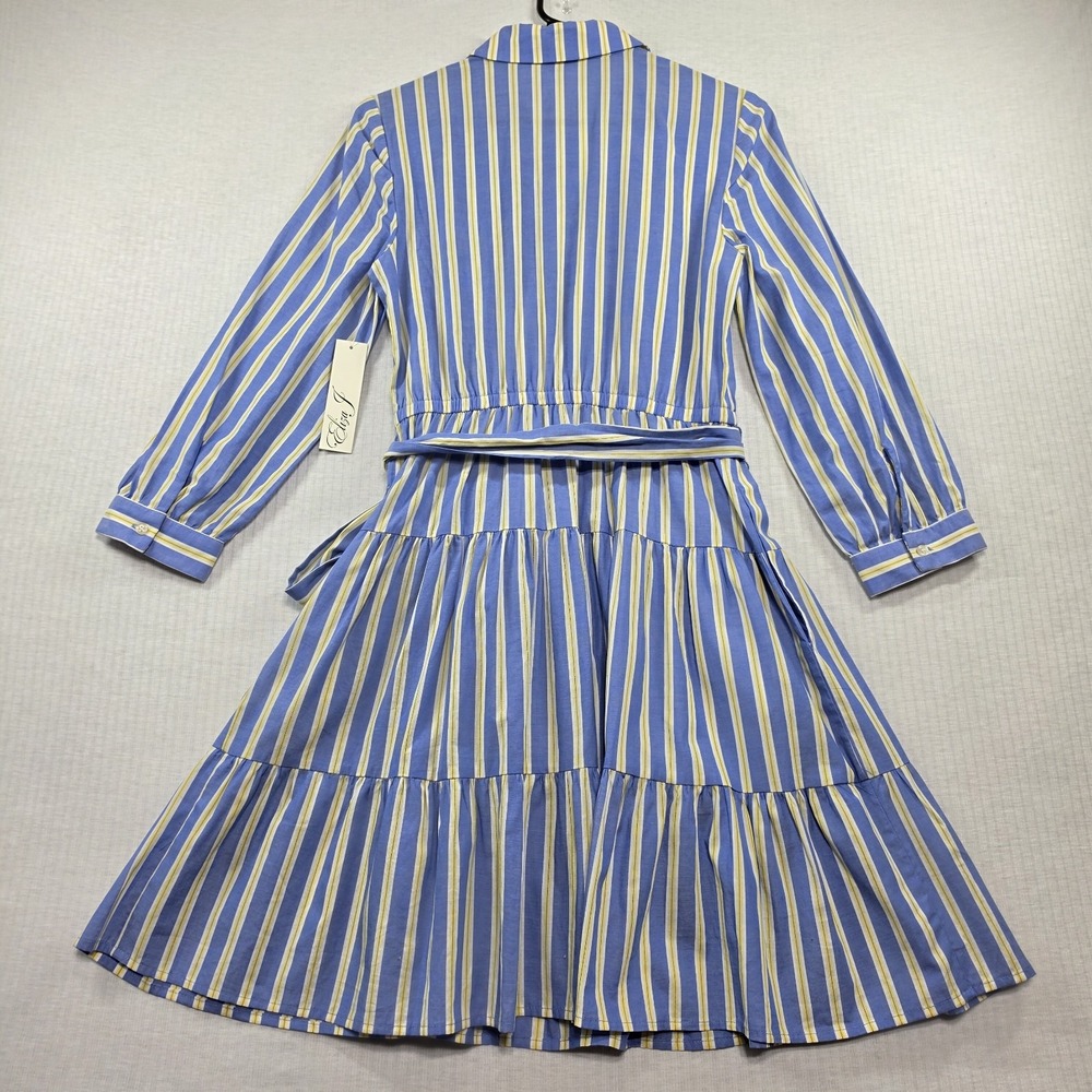 NWT Eliza J Blue Yellow Stripe Tiered Shirtdress Belt Pockets 4 Preppy Coastal - Picture 11 of 15